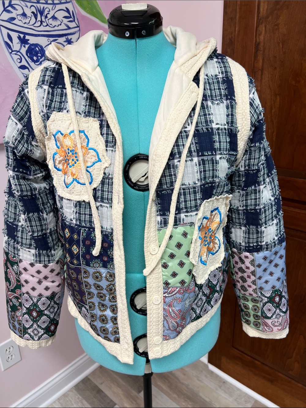 POL Patchwork Quilted Hooded Jacket in Navy Blue, Cream, Light Pink, Green